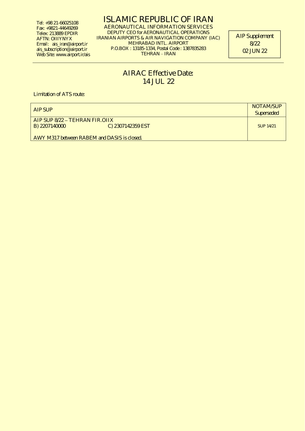 AIS AIRAC REGULAR AMDT